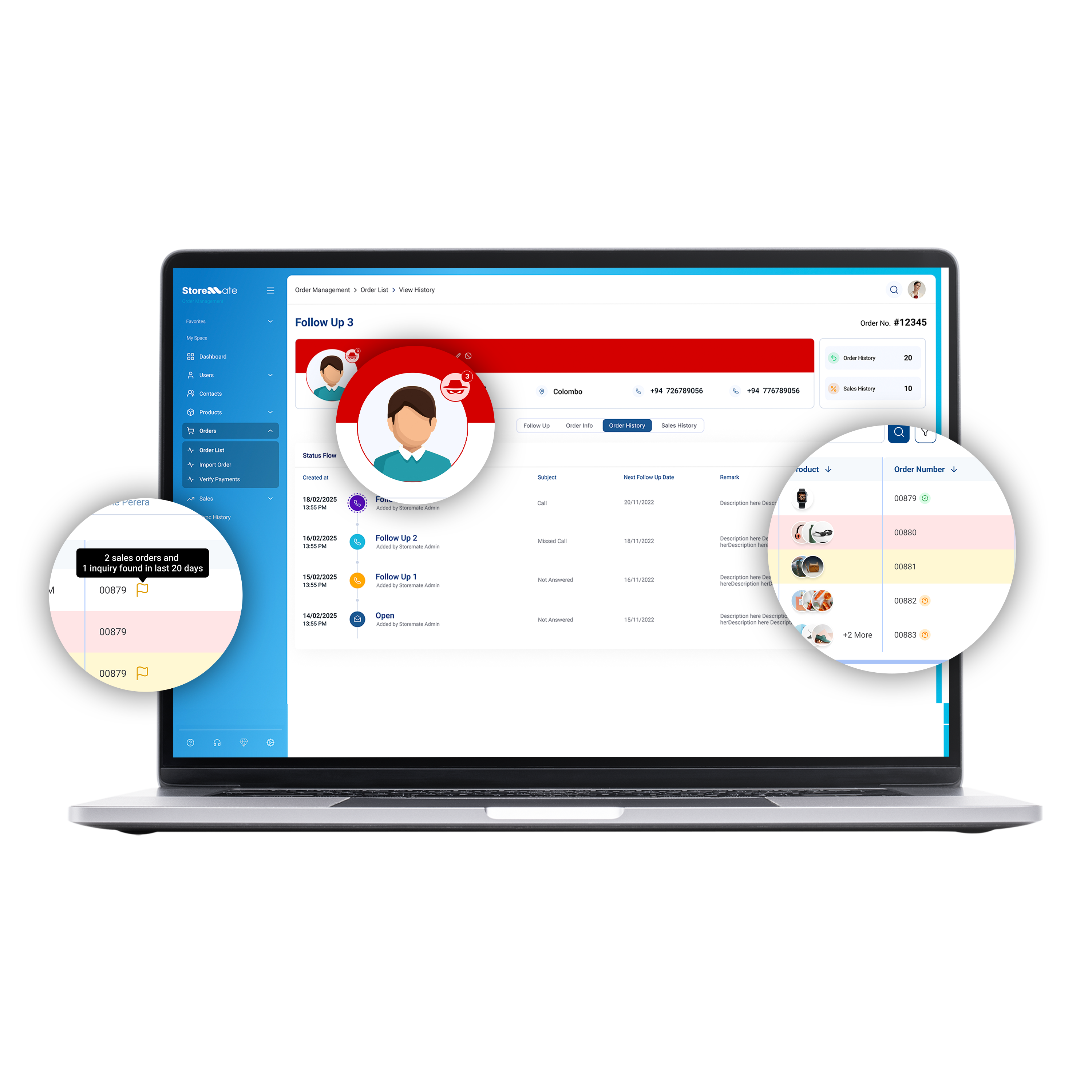 Storemate customer follow-up screen showing order history and return risk