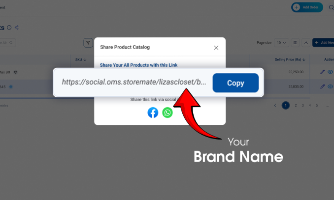 Storemate Share Product Catalog dialog showing your unique Self-Order Form link with your brand name, ready to copy