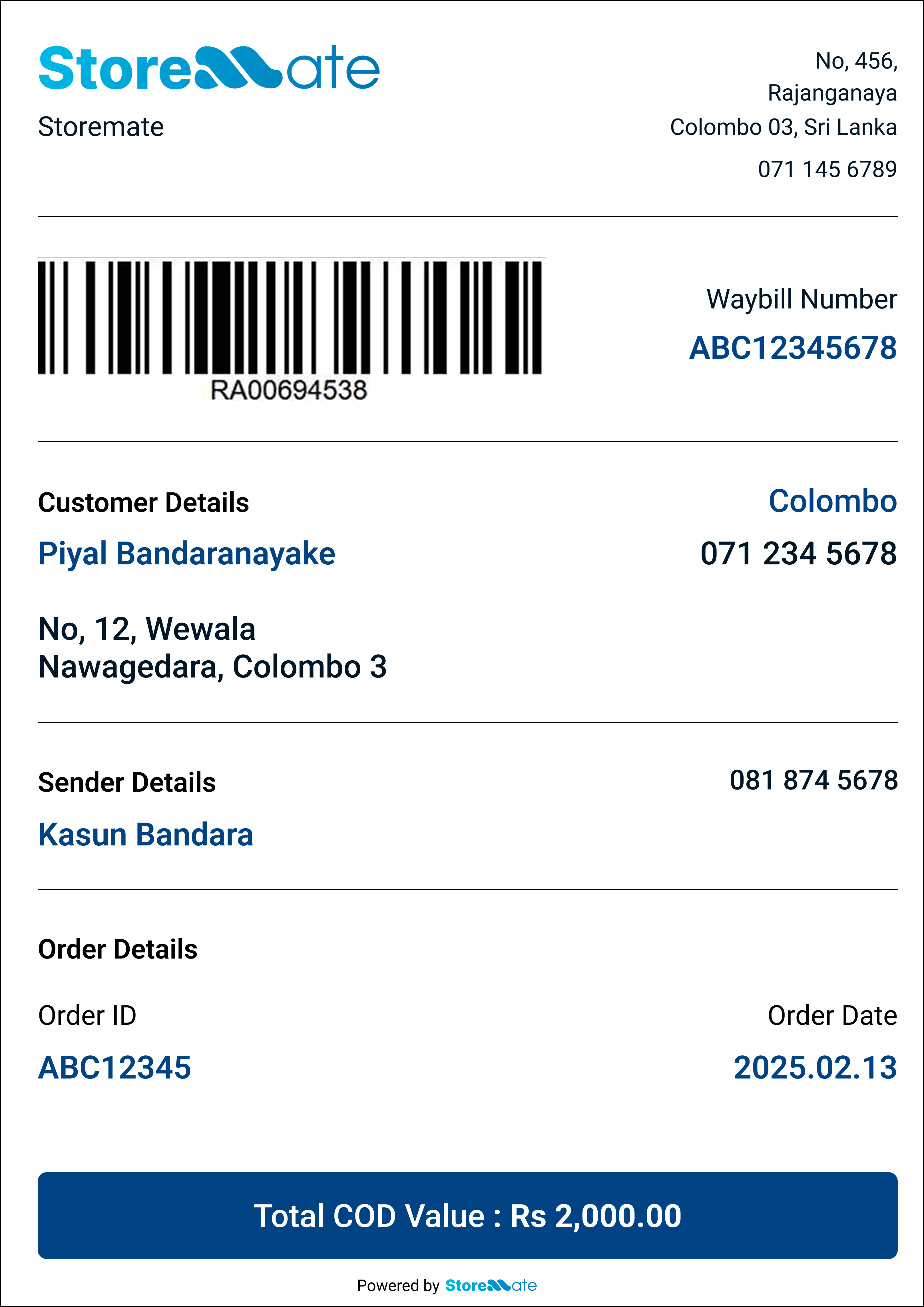 Storemate professional branded waybill with logo, barcode and customer details