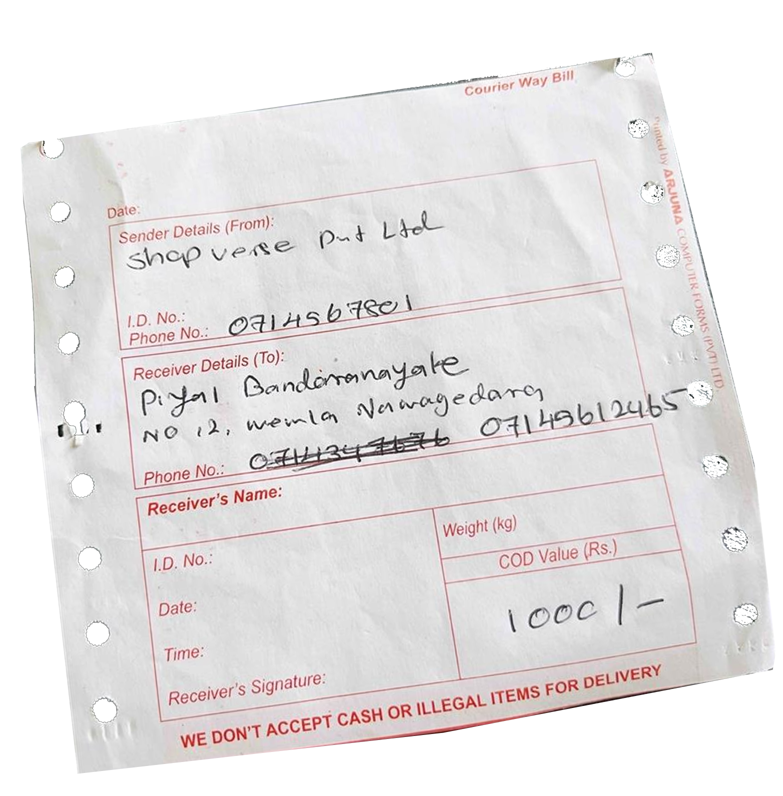 Old handwritten waybill, messy and unprofessional